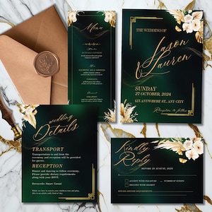 Elegante Grün-Gold Hochzeitseinladung, Menü, Details, Antwortkarten
