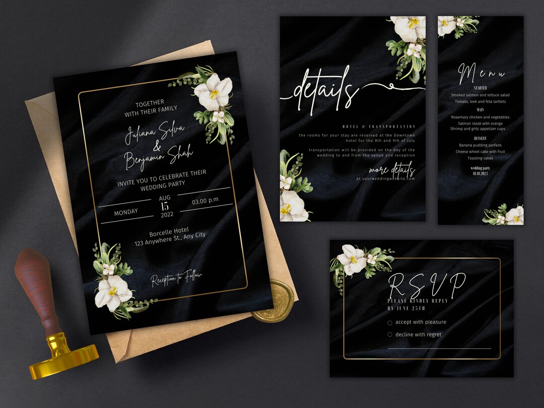 Black Luxury Classy Wedding Invitation Bundle. Invitation/details/menu ...
