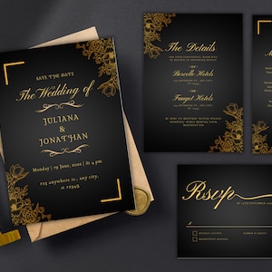 Gold and Black Elegant Wedding Invitation Bundle. Invitation/Details/Menu/RSVP