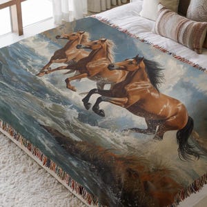 Wild Stallions Woven Blanket, Cozy Home Decor, Horse Lovers Gift, Rustic Throw, Equestrian Blanket, Unique Wall Art image 1