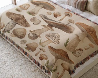 Mushroom Blanket Vintage Fungi  Woven Throw Botanical Mushroom Blanket Cottagecore Forest Decor Couch Throw Nature Lover Gift Wall Art