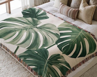 Monstera Plant Woven Blanket Tropical Leaves Botanical Throw Tapestry Nature Leaf Pattern Wall Art Modern Minimal Decor Plants Lover Gift
