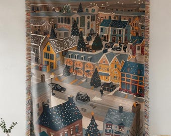 Winter Village Woven Blanket Christmas Town Throw Holiday Wall Tapestry Cozy Snowy Village Blanket Christmas Home Decor Gift