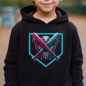 May include: Black hoodie featuring a baseball-themed graphic. The design includes crossed baseball bats and a baseball, with a home plate outline. The bats and ball have a pink and blue color scheme with dripping paint effect.