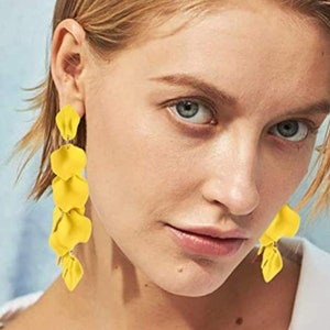 Yellow Flower Petal Dangle Statement Earrings for Party Yellow Earrings for Summer Gift for Her