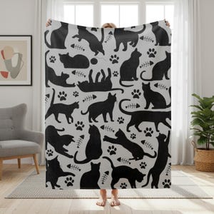 Black Cat Microfiber Blanket, Pet Cats Lover Gift, Whimsical Pets Blanket, Cat Velveteen Quilt, Feline Soft Throw, Dark Void Cat Silhouette