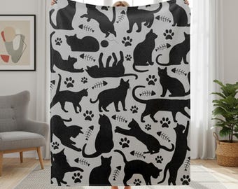 Black Cat Microfiber Blanket, Pet Cats Lover Gift, Whimsical Pets Blanket, Cat Velveteen Quilt, Feline Soft Throw, Dark Void Cat Silhouette