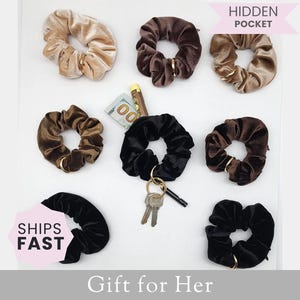 May include: A collection of velvet scrunchies in various shades of brown and black, some with gold accents. One scrunchie holds keys and a hidden pocket contains cash. The image includes text that says "Hidden Pocket" and "Ships Fast".