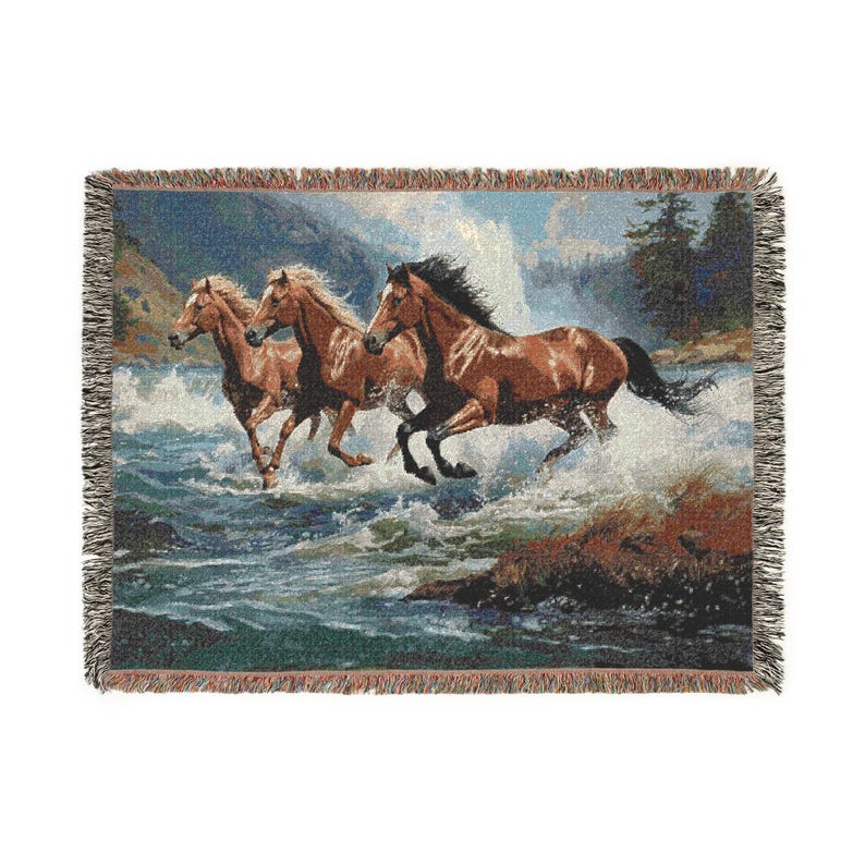 Wild Stallions Woven Blanket, Cozy Home Decor, Horse Lovers Gift, Rustic Throw, Equestrian Blanket, Unique Wall Art image 6