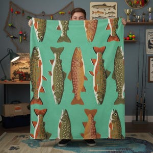 Trout Fish Pattern Velveteen Plush Blanket, Great Lakes Rainbow Trout Soft Throw, Lake House Fly Fishing Fishermen, Unique Rustic Cabin Gift