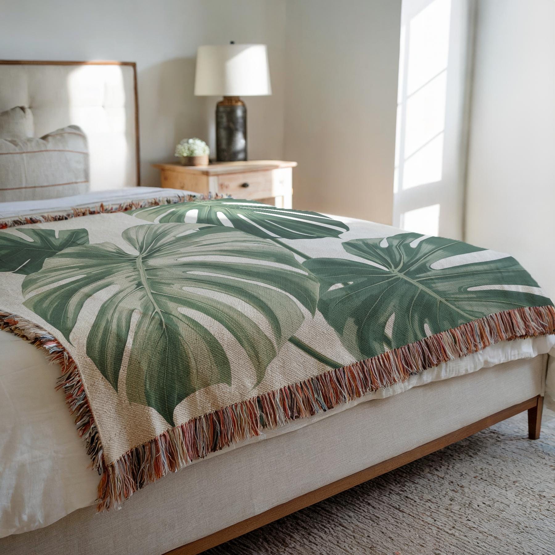 Monstera Plant Woven Blanket Tropical Leaves Botanical Throw Tapestry ...