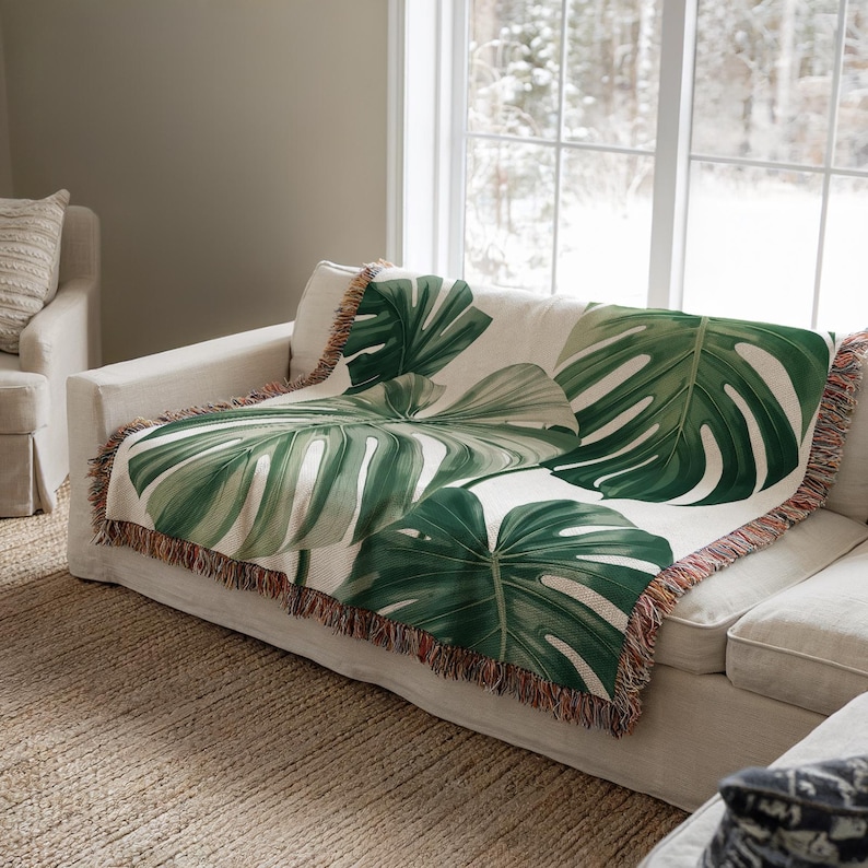 Monstera Plant Woven Blanket Tropical Leaves Botanical Throw Tapestry ...