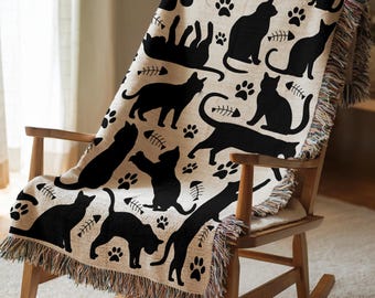 Cat Lover Woven Blanket Black Cat Throw Blanket Cat Mom Gift Cat Print Blanket Pet Lover Gift Cozy Cat Decor