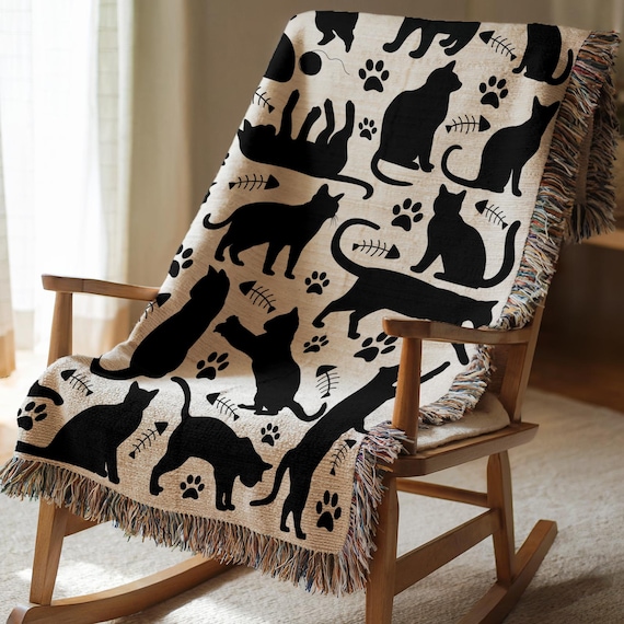 Cat Lover Woven Blanket Black Cat Throw Blanket Cat Mom Gift Cat Print Blanket Pet Lover Gift Cozy Cat Decor