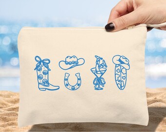 Neceser de maquillaje estilo vaquera, neceser para bodas en la playa, organizador de cosméticos de viaje, kit de artículos esenciales para vacaciones, bolso de lona con cremallera