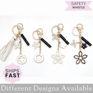 Keychain Flower Charm, Safety Whistle for Purse, Floral Key Ring Tassel Pendant, Gold Bag Accessories, Women Cute Birthday Gift Idea School