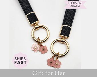 Cherry Blossom Keychain with Black Strap Cute Pink Flower Charm Bag Accessory Car Key Holder, Gift for Her Spring Sakura Charm