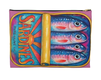 Retro Sardines Accessory Pouch, Tinned Fish Makeup Bag, Sardine Can Mini Clutch, Travel Organizer, Cosmetic Zip Purse, Canned Sardine Wallet