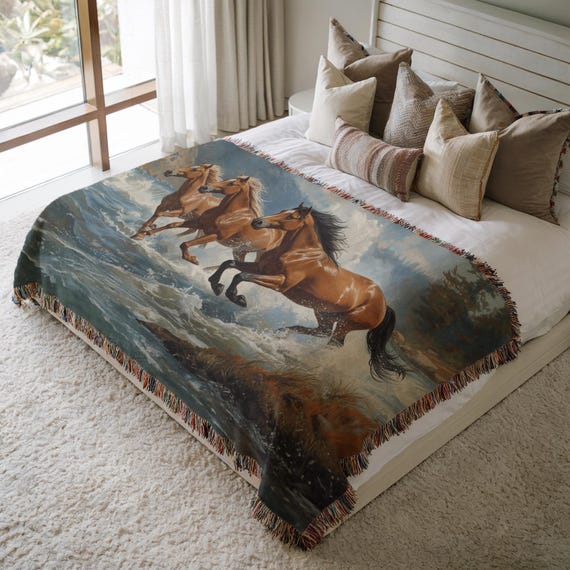 Wild Stallions Woven Blanket, Cozy Home Decor, Horse Lovers Gift, Rustic Throw, Equestrian Blanket, Unique Wall Art
