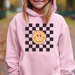 Kids Smiley Face Hoodie Sweatshirt Checkered Kids Hooded Sweatshirt Trendy Retro Pullover for Kids Gift for Girls Graphic Top for Boys
