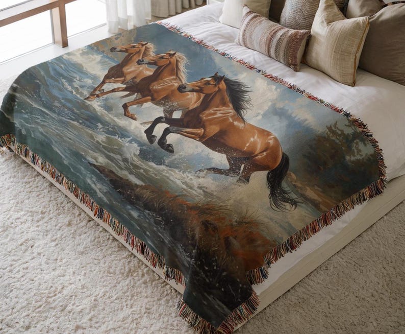 Wild Stallions Woven Blanket, Cozy Home Decor, Horse Lovers Gift, Rustic Throw, Equestrian Blanket, Unique Wall Art image 1