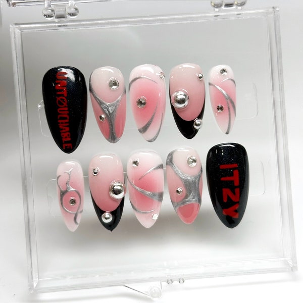 Itzy Untouchable Inspired Nails | Kpop Nails | Airbrush Nails | Aura Nails | Gel X Press On Nails | Short Almond Press On Nails