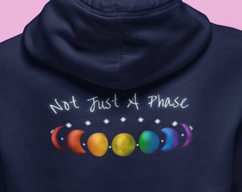 Not Just a Phase LGBT Rainbow Pride Moon Phases Hoodie with text - Pride Flag LGBTQ Sweatshirt, Gay Pride Pullover, Cute Hooded Sweater