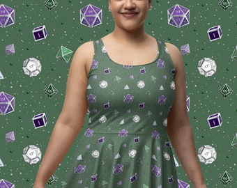 D20 Genderqueer Pride DnD Dice Skater Dress, Dungeons and Dragons Geek Nerd Gift, LGBTQ Pride Flag Outfit, Cute Colorful Subtle Trans Dress