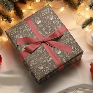 Baking Line Art Wrapping Paper, Baker Gift, Holiday Bakery Gift Wrap Sheets, Cottagecore Winter Solstice Christmas Birthday Present Wrapping