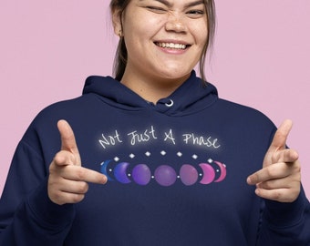 Not Just a Phase Bisexual Pride Moon Phases Hoodie with text - Pride Flag LGBTQ Sweatshirt, Bi Pride Month Pullover, Cute Gay Hooded Sweater