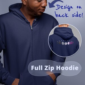 A black man shows off the navy full-zip hoodie, which is blank on the front. An arrow points to the back with a smaller preview of the design on the back of the hoodie.