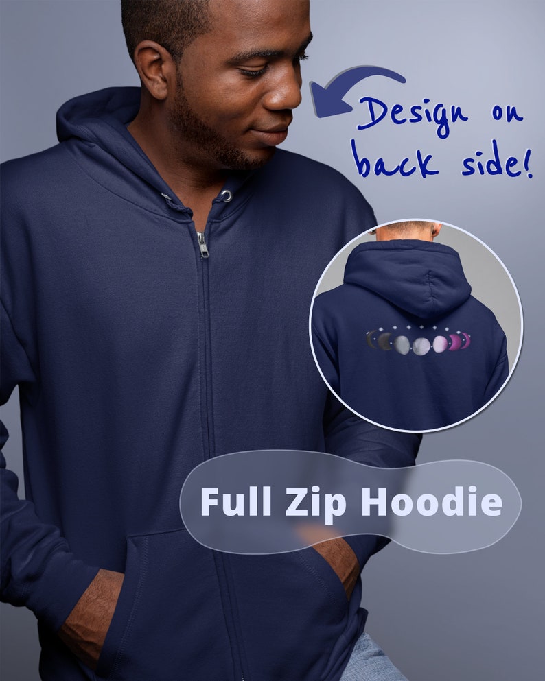 A black man shows off the navy full-zip hoodie, which is blank on the front. An arrow points to the back with a smaller preview of the design on the back of the hoodie.