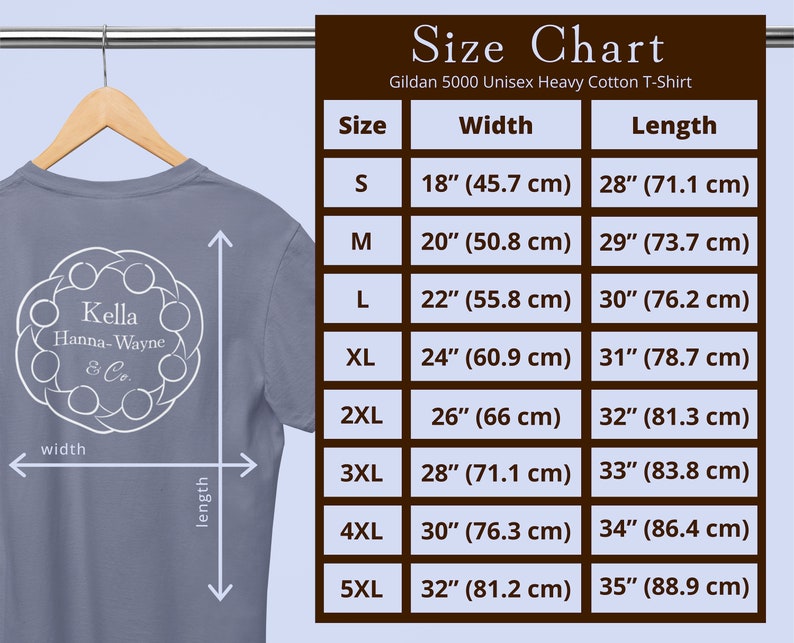 A basic grey-blue T-shirt on a hanger with the Kella Hanna-Wayne and Co logo on it. Next to it is a brown and blue size chart showing measurements for sizes small through 5XL. Sizing details are listed in the product description.
