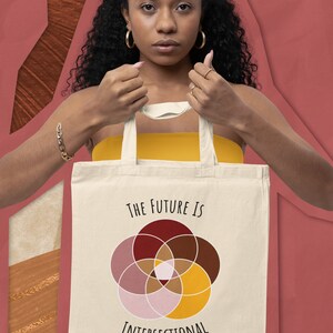 A woman of color holding a beige canvas bag with five interlocking white-bordered circles, arranged in a flower in shades of pink, maroon, brown, and canary yellow, and black text above and below that says The Future Is Intersectional, on it.