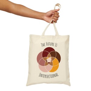 Five interlocking white-bordered circles, arranged in a flower in shades of pink, maroon, brown, and canary yellow, with black text above and below that says The Future Is Intersectional. It is on a rectangular, beige canvas bag with shoulder straps.