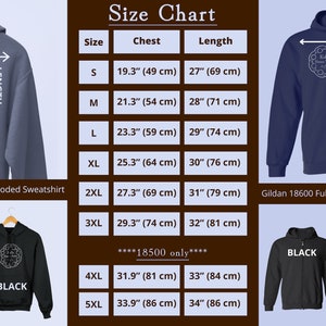 A chart demonstrating the two hoodies: A pullover hoodie with a drawstring, and a zip up hoodie. Both come in black & Navy and a detailed size chart is listed (can be found in product description.)