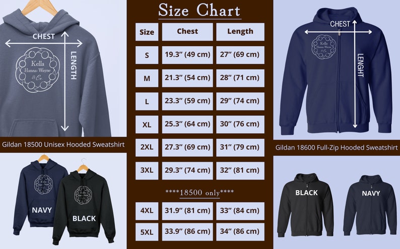 A chart demonstrating the two hoodies: A pullover hoodie with a drawstring, and a zip up hoodie. Both come in black & Navy and a detailed size chart is listed (can be found in product description.)