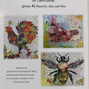 May include: A collage pattern sheet titled "Teeny Tiny Collage Patterns" by Laura Heine. It features a rooster, hen, and bee, each composed of colorful fabric scraps. The sheet includes the Fiberworks Inc. contact information.