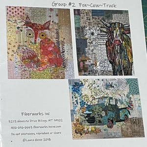 May include: A printed collage pattern sheet titled "Teeny Tiny Collage Patterns" by Laura Heine. The sheet features three collage designs: a fox, a cow, and a truck, each with colorful floral and patterned elements.