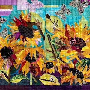 May include: A vibrant quilt featuring sunflowers and butterflies. The sunflowers have yellow petals and dark centers, with green and patterned leaves. Butterflies with patterned wings are scattered across a turquoise and purple background. The quilt is framed with a purple border.