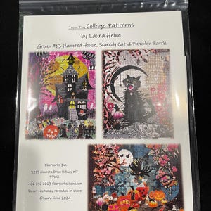 May include: A clear plastic bag containing Teeny Tiny Collage Patterns by Laura Heine, Group #13 Haunted House, Scaredy Cat & Pumpkin Patch. The insert displays three colorful, detailed Halloween-themed collage art designs featuring a house, a cat, and pumpkins.
