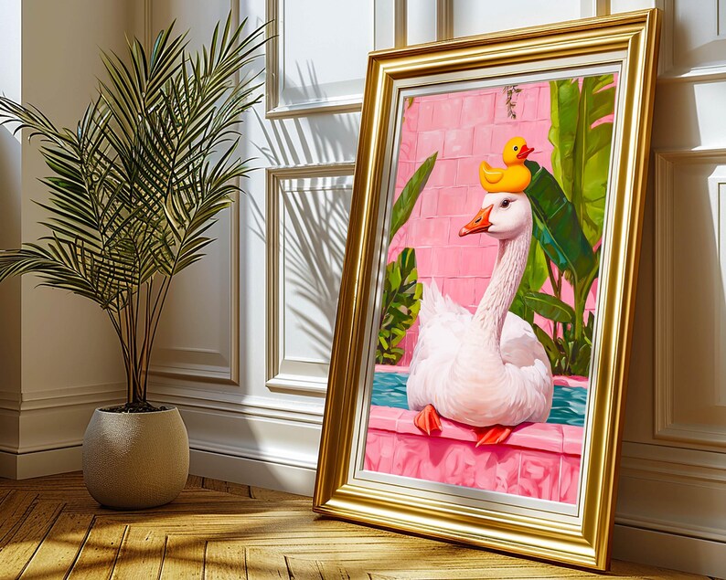 Goose in Bath | Rubber Duck Print, Pink Bathroom Wall Art, Maximalist ...