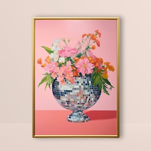 Florero de bola de discoteca / arte de pared preppy, cartel de bola de espejo rosa, decoración de habitación funky groovy, estética retro imprimible, impresión de flores de moda