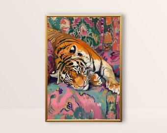 Tiger | Eclectic Animal Art Print, Maximalist Wall Art, Dopamine Decor, Preppy Pink Room Decor Big Cat Painting Trendy Bedroom Printable Art