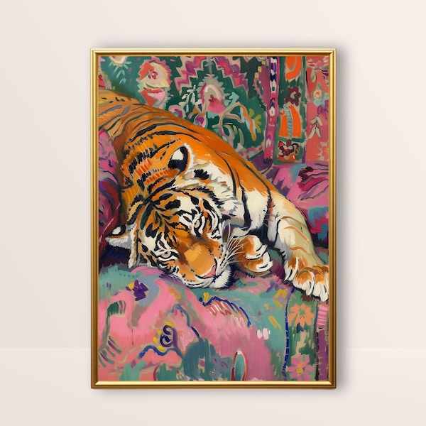Tigre | Impression éclectique d'art animalier, art mural maximaliste, déco dopamine, déco de chambre rose preppy, peinture grand félin, art imprimable de chambre à coucher tendance