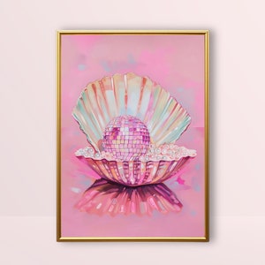 May include: A pink and iridescent seashell with a disco ball inside. The seashell is surrounded by white pearls and is sitting on a pink background.