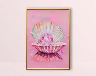 Seashell Disco Ball | Beachy Room Decor, Coastal Painting, Pink Preppy Prints, Maximalist Wall Art Trendy Mirror Ball Beach House Surf Print