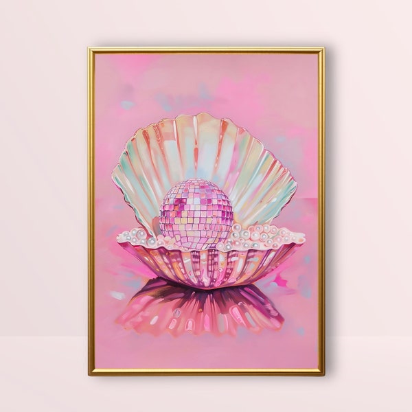 Seashell Disco Ball | Beachy Room Decor, Coastal Painting, Pink Preppy Prints, Maximalist Wall Art Trendy Mirror Ball Beach House Surf Print