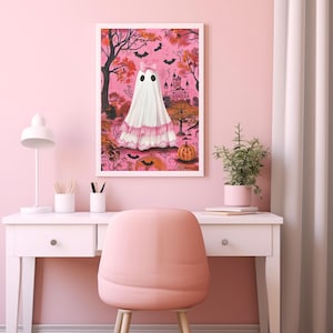 pink halloween decor,pink coquette prints,coquette halloween,pinkoween decor,halloween dorm decor,cute ghost painting,pink spooky decor,pink ghost wall art,coquette ghost art,coquette ghost bow print,pink preppy halloween art,preppy ghost print
