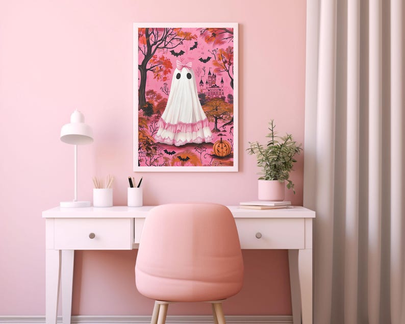 pink halloween decor,pink coquette prints,coquette halloween,pinkoween decor,halloween dorm decor,cute ghost painting,pink spooky decor,pink ghost wall art,coquette ghost art,coquette ghost bow print,pink preppy halloween art,preppy ghost print